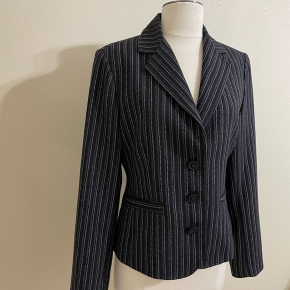 CABI Black and White Striped Fitted Blazer Leopard Print Lined - Picture 3 of 15